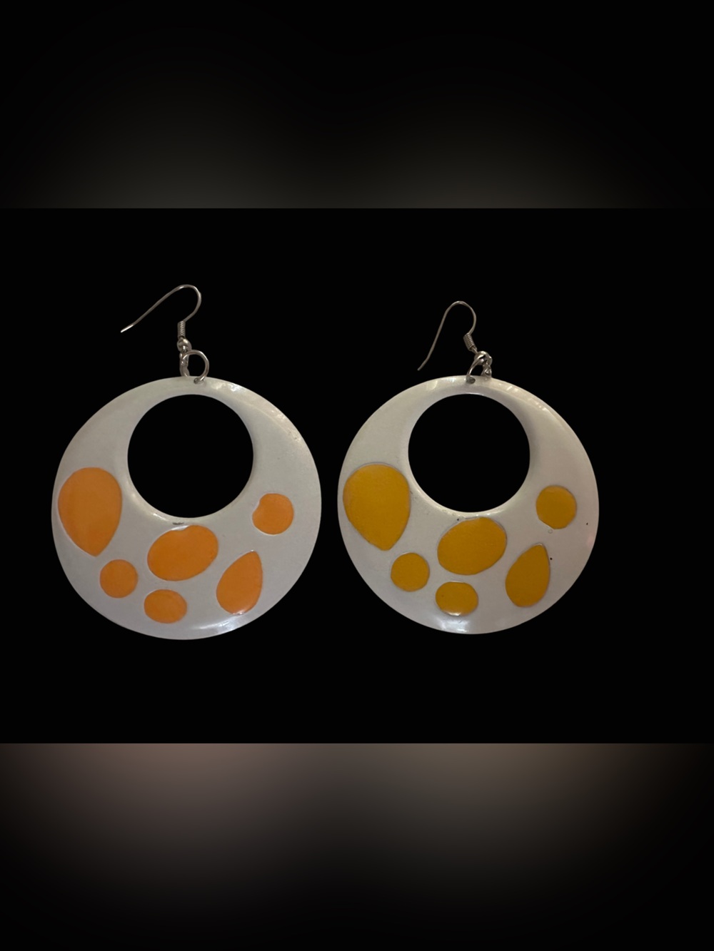 White Round Dangle Earrings with Yellow Accent Spots